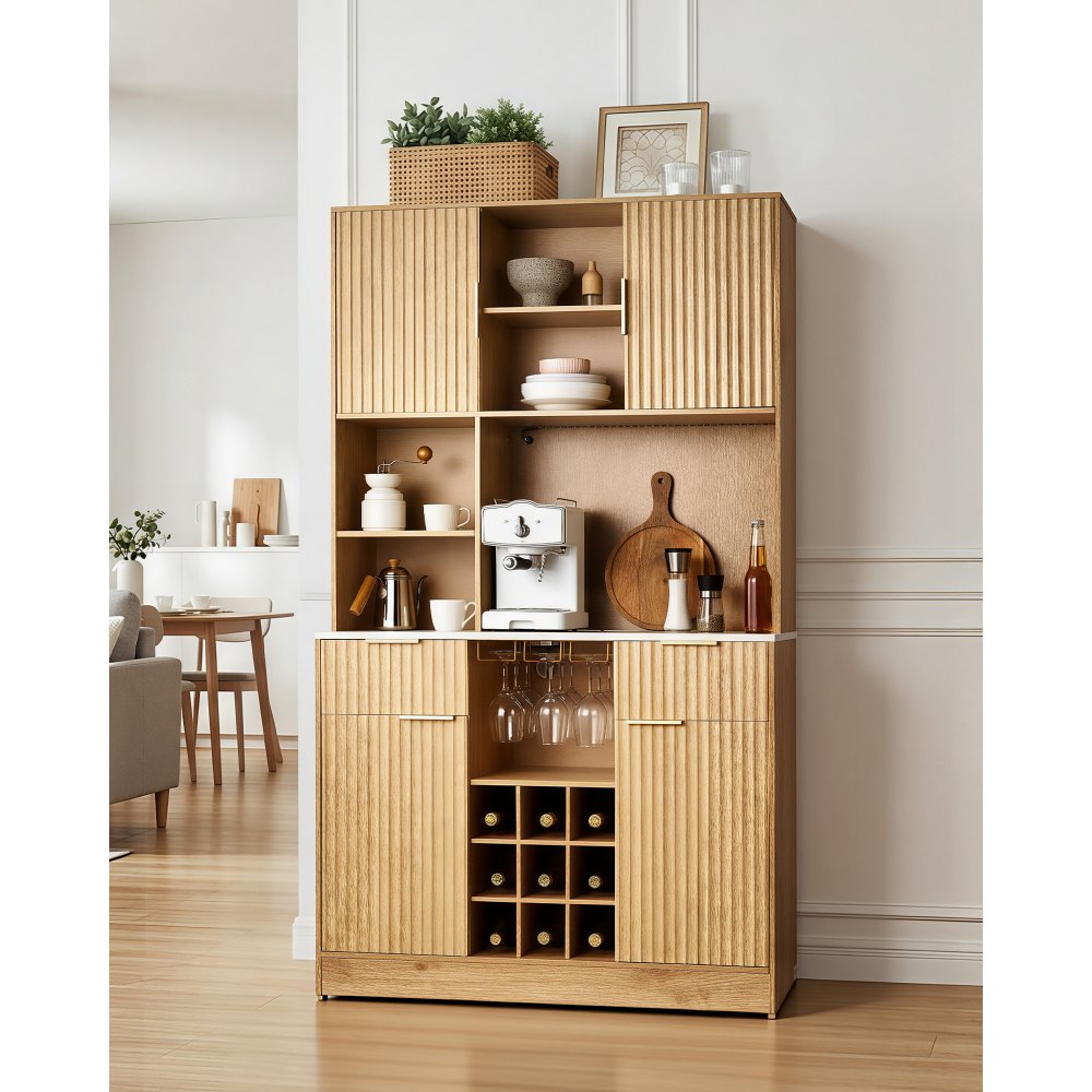 VEVOR Wine Cabinet, Coffee Bar Cabinet with 9 Wine Bottle Racks, Modern Buffet Sideboard with Glass Holder, LED Light, Charging Station, for Home Kitchen, Living Room, Dining Room, Natural Wood Finish