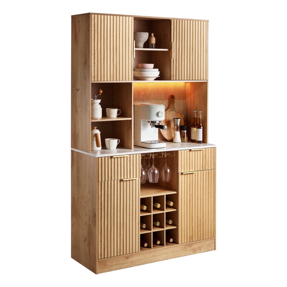 VEVOR Wine Cabinet, Coffee Bar Cabinet with 9 Wine Bottle Racks, Modern Buffet Sideboard with Glass Holder, LED Light, Charging Station, for Home Kitchen, Living Room, Dining Room, Natural Wood Finish