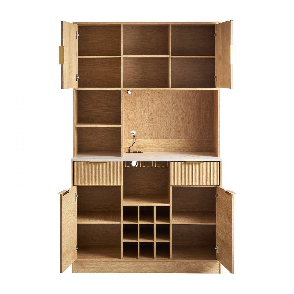 VEVOR Wine Cabinet, Coffee Bar Cabinet with 9 Wine Bottle Racks, Modern Buffet Sideboard with Glass Holder, LED Light, Charging Station, for Home Kitchen, Living Room, Dining Room, Natural Wood Finish