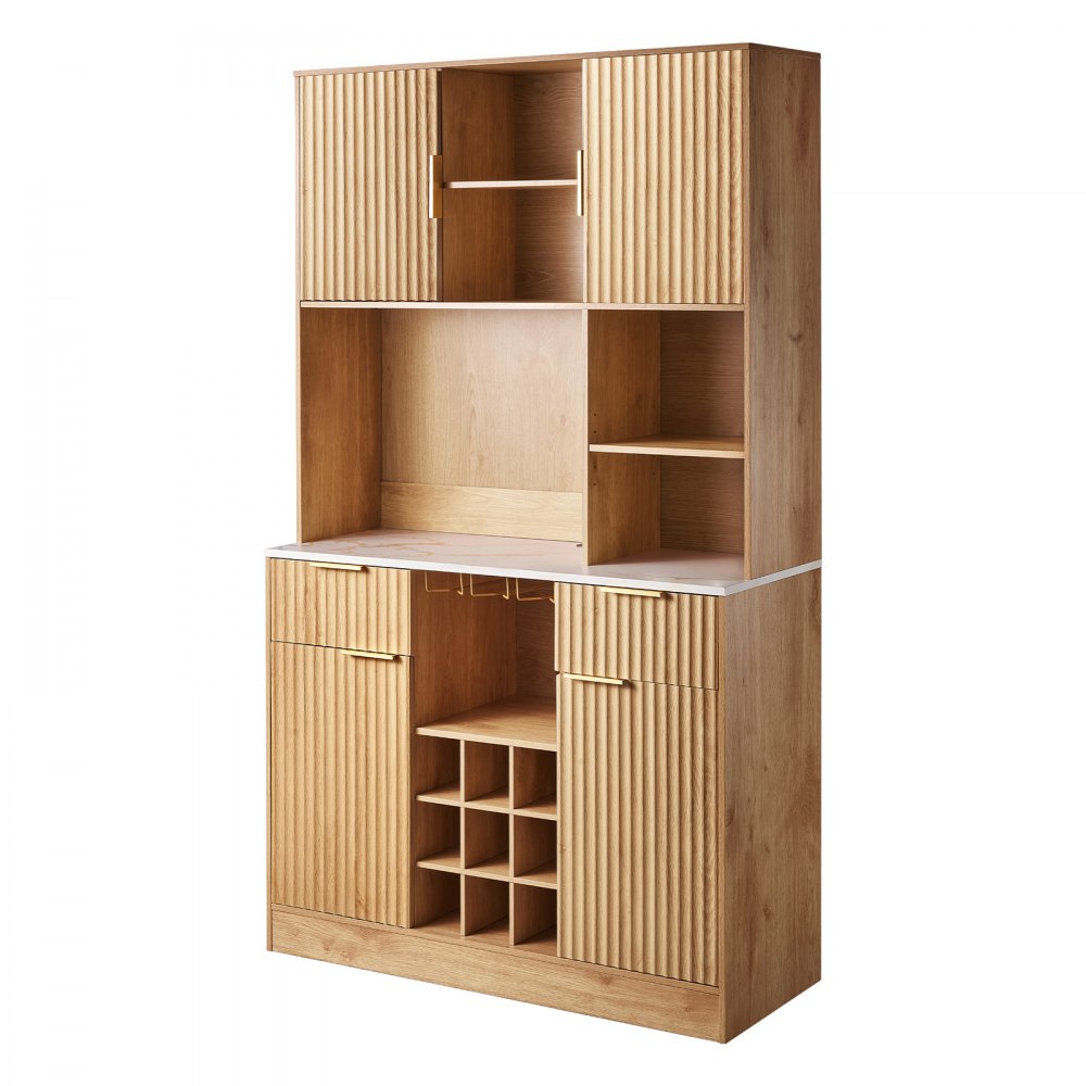 VEVOR Wine Cabinet, Coffee Bar Cabinet with 9 Wine Bottle Racks, Modern Buffet Sideboard with Glass Holder, LED Light, Charging Station, for Home Kitchen, Living Room, Dining Room, Natural Wood Finish