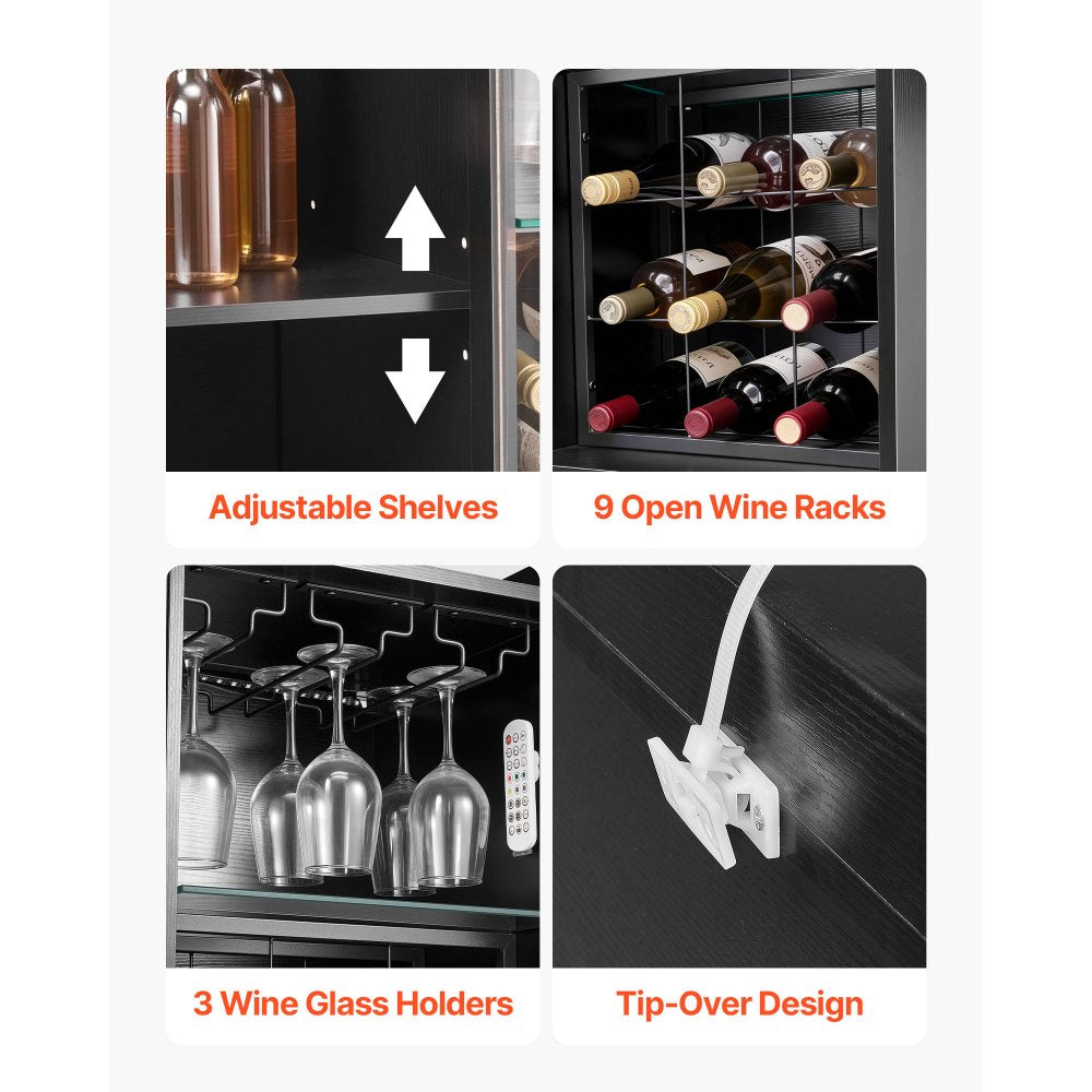 VEVOR Wine Cabinet, Coffee Bar Cabinet with 9 Wine Bottle Racks, Modern Buffet Sideboard with Glass Holder, Adjustable LED Brightness, for Home Kitchen, Living Room, Dining Room, Black Wood Grain