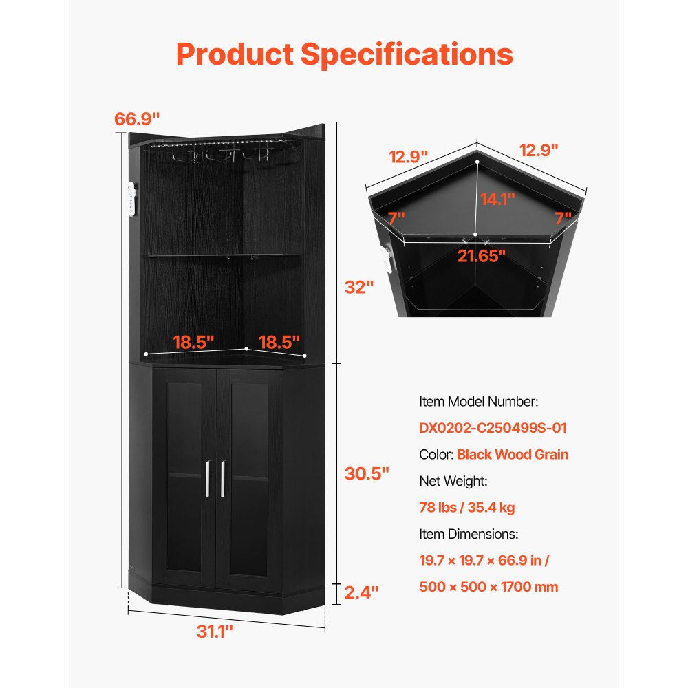 VEVOR Corner Wine Cabinet, Bar Cabinet with Ample Storage, Modern Buffet Sideboard with Glass Holder, Adjustable LED Brightness, Anti-Tip Strap, for Home Kitchen, Living Room, Dining Room, Black Wood