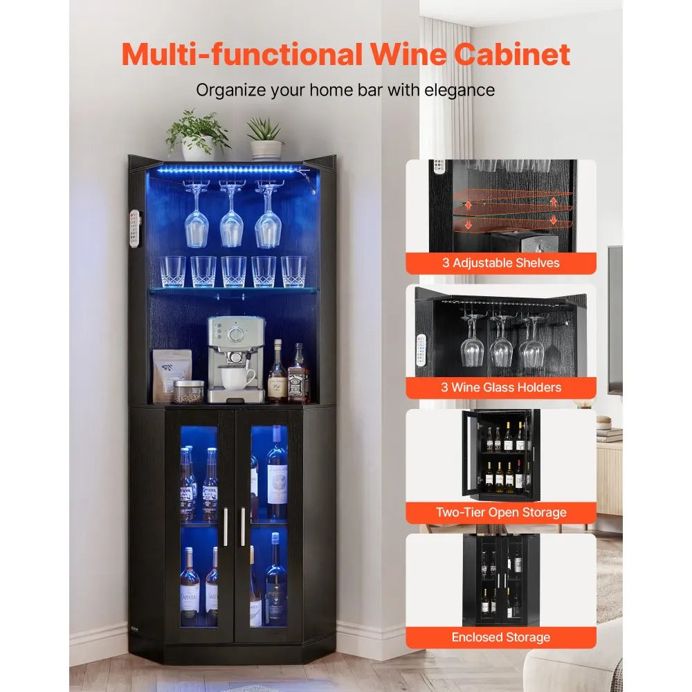 VEVOR Corner Wine Cabinet, Bar Cabinet with Ample Storage, Modern Buffet Sideboard with Glass Holder, Adjustable LED Brightness, Anti-Tip Strap, for Home Kitchen, Living Room, Dining Room, Black Wood
