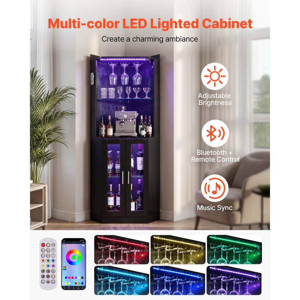 VEVOR Corner Wine Cabinet, Bar Cabinet with Ample Storage, Modern Buffet Sideboard with Glass Holder, Adjustable LED Brightness, Anti-Tip Strap, for Home Kitchen, Living Room, Dining Room, Black Wood