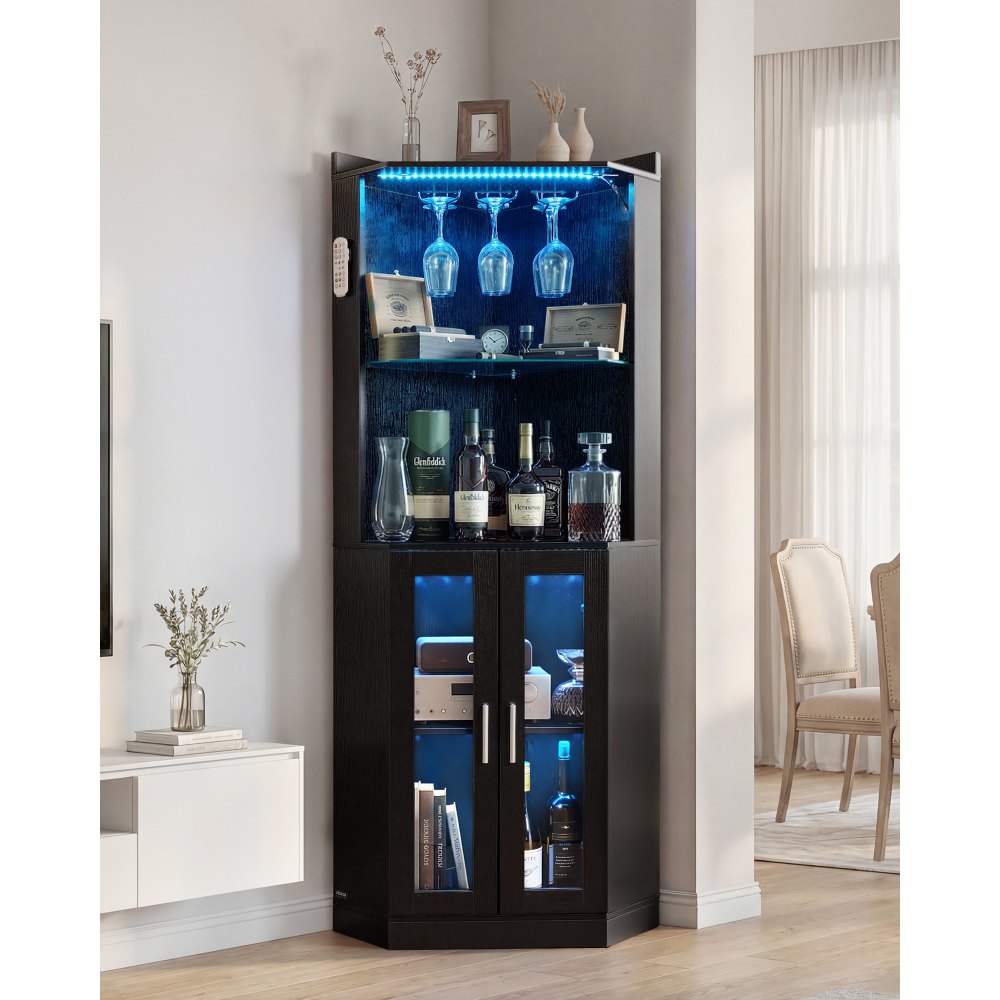 VEVOR Corner Wine Cabinet, Bar Cabinet with Ample Storage, Modern Buffet Sideboard with Glass Holder, Adjustable LED Brightness, Anti-Tip Strap, for Home Kitchen, Living Room, Dining Room, Black Wood