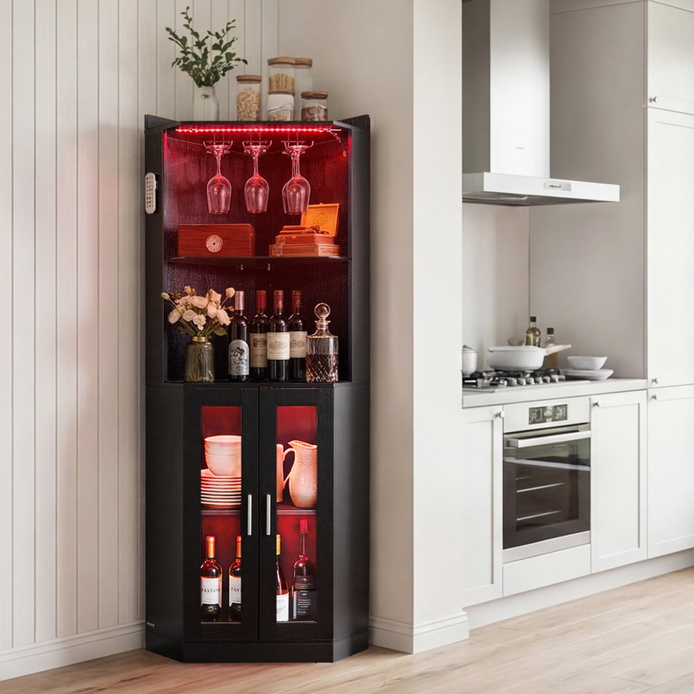 VEVOR Corner Wine Cabinet, Bar Cabinet with Ample Storage, Modern Buffet Sideboard with Glass Holder, Adjustable LED Brightness, Anti-Tip Strap, for Home Kitchen, Living Room, Dining Room, Black Wood