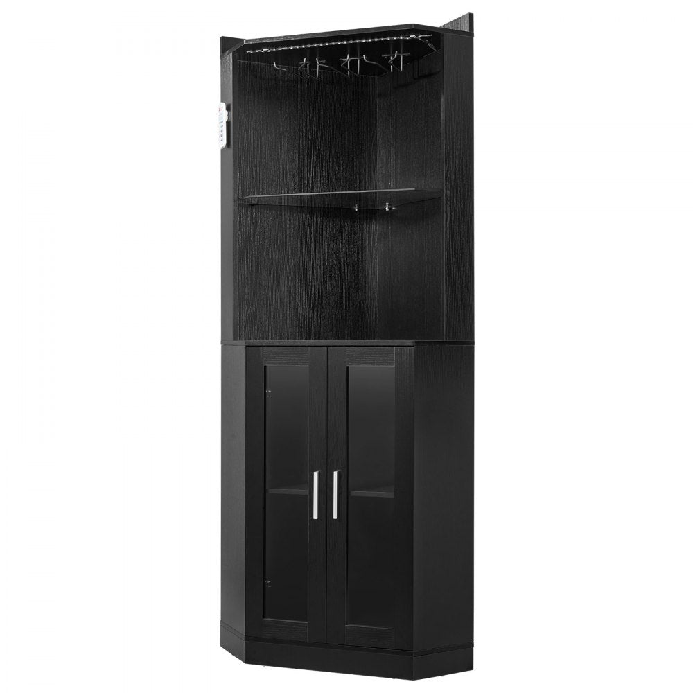 VEVOR Corner Wine Cabinet, Bar Cabinet with Ample Storage, Modern Buffet Sideboard with Glass Holder, Adjustable LED Brightness, Anti-Tip Strap, for Home Kitchen, Living Room, Dining Room, Black Wood