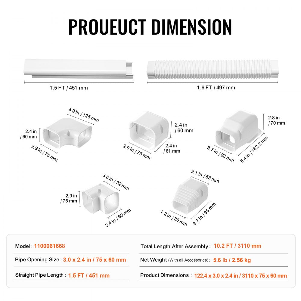 VEVOR Mini Split Line Set Cover 3-inch W 10Ft L, PVC Decorative Pipe Line Cover For Air Conditioner with 5 Straight Ducts & Full Components Easy to Install, Paintable for Heat Pumps, White