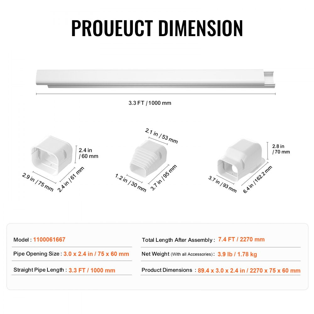 VEVOR Mini Split Line Set Cover 3-inch W 7.4Ft L, PVC Decorative Pipe Line Cover For Air Conditioner with 2 Straight Ducts & Full Components Easy to Install, Paintable for Heat Pumps, White