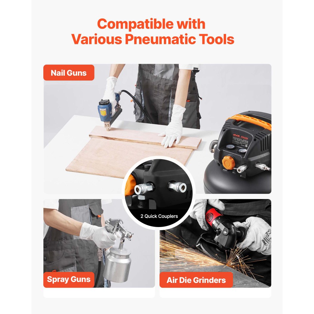 VEVOR 6 Gallon Air Compressor, 1.7HP 2.3CFM @ 90PSI Portable Pancake Air Compressor & 150PSI Max Working Pressure, Oil-Free Compressor Tank for Tire Inflation, Spray Painting, Woodwork Nailing, 120V
