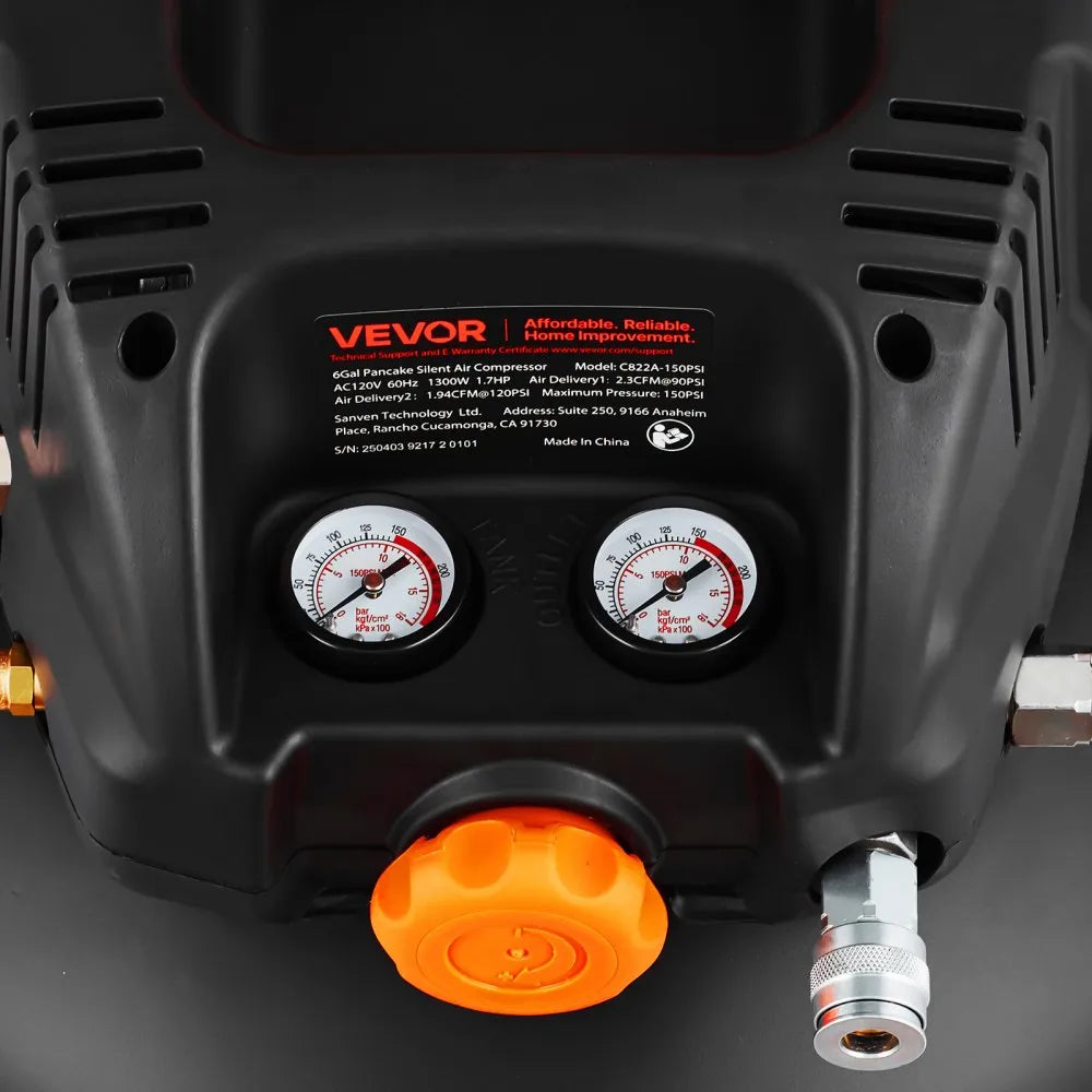 VEVOR 6 Gallon Air Compressor, 1.7HP 2.3CFM @ 90PSI Portable Pancake Air Compressor & 150PSI Max Working Pressure, Oil-Free Compressor Tank for Tire Inflation, Spray Painting, Woodwork Nailing, 120V