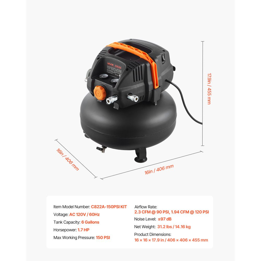 VEVOR 6 Gallon Air Compressor, 1.7HP 2.3CFM@90PSI Portable Pancake Air Compressor & 150PSI Max Pressure, 12-Piece Accessory Kit with 25FT Air Hose for Tire Inflation, Spray Painting, Woodwork Nailing