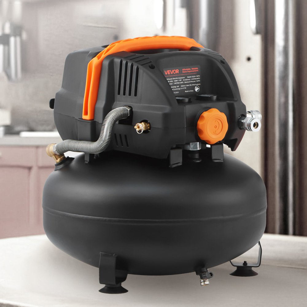 VEVOR 6 Gallon Air Compressor, 1.7HP 2.3CFM@90PSI Portable Pancake Air Compressor & 150PSI Max Pressure, 12-Piece Accessory Kit with 25FT Air Hose for Tire Inflation, Spray Painting, Woodwork Nailing