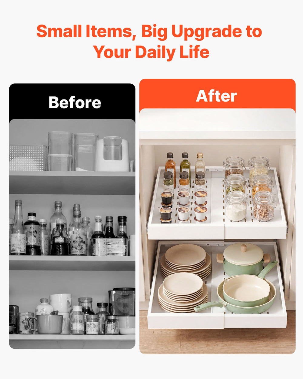 VEVOR Pull Out Cabinet Organizer, 2 Pack Expandable Width (12.2"-18.9"), 20.47" Deep Pull Out Drawers for Cabinets, Sliding Drawer for Kitchen Pantry Cabinet Organizer with Nano Adhesive Strips, White