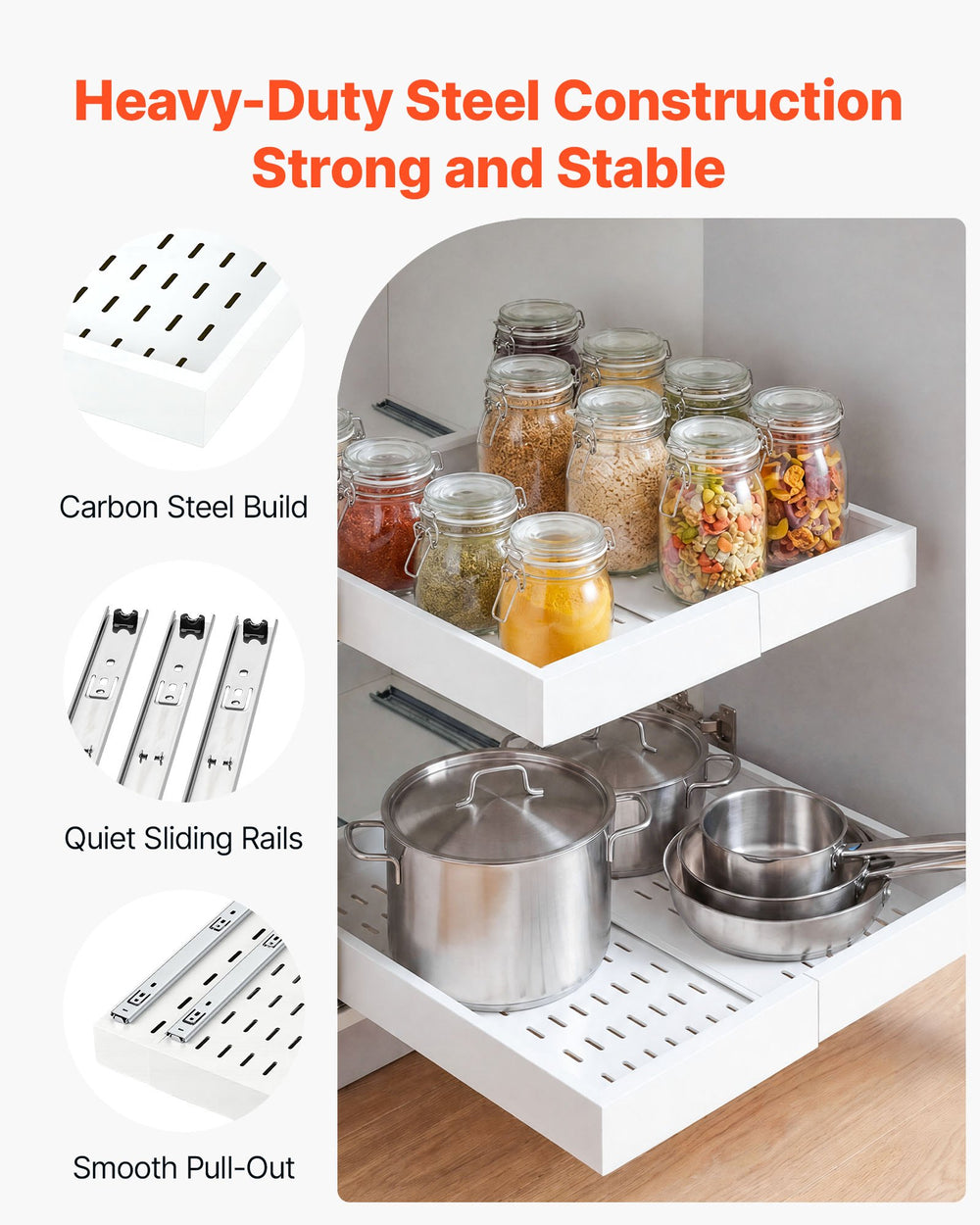 VEVOR Pull Out Cabinet Organizer, 4 Pack Expandable Width (12.2"-18.9"), 20.47" Deep Pull Out Drawers for Cabinets, Sliding Drawer for Kitchen Pantry Cabinet Organizer with Nano Adhesive Strips, White