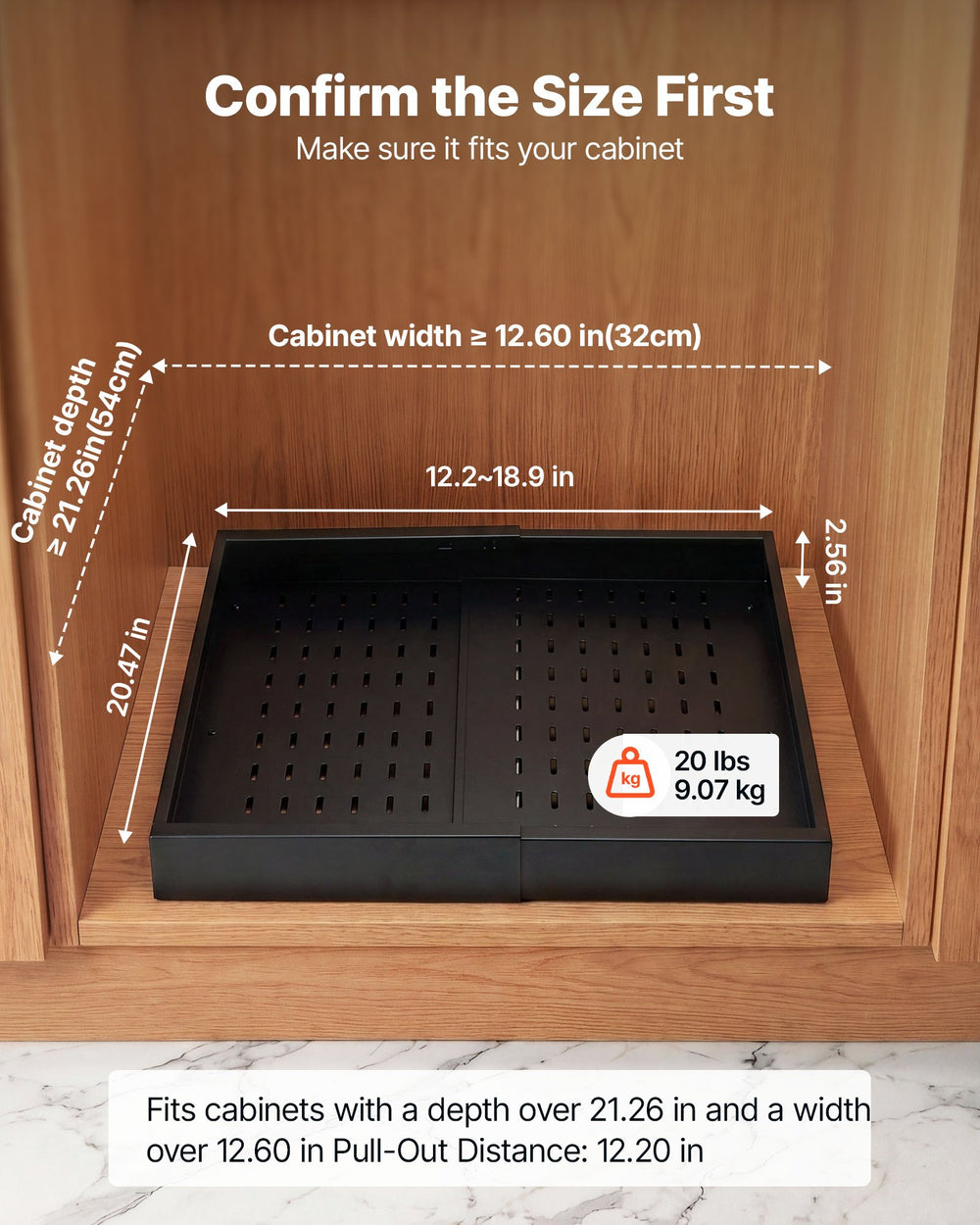 VEVOR Pull Out Cabinet Organizer, 2 Pack Expandable Width (12.2"-18.9"), 20.47" Deep Pull Out Drawers for Cabinets, Sliding Drawer for Kitchen Pantry Cabinet Organizer with Nano Adhesive Strips, Black