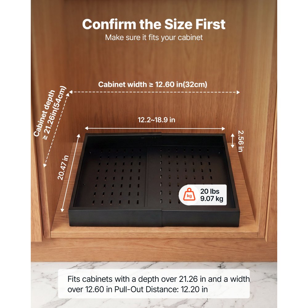 VEVOR Pull Out Cabinet Organizer, 4 Pack Expandable Width (12.2"-18.9"), 20.47" Deep Pull Out Drawers for Cabinets, Sliding Drawer for Kitchen Pantry Cabinet Organizer with Nano Adhesive Strips, Black