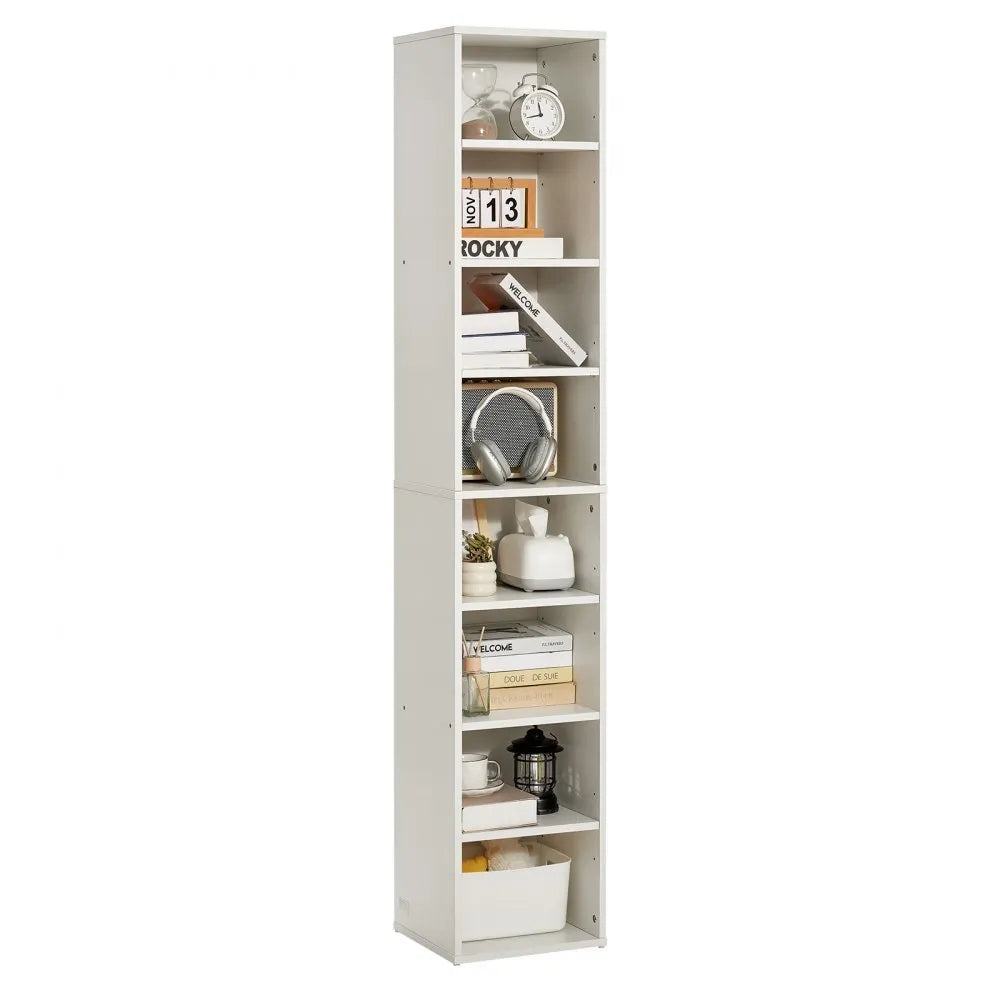 VEVOR 8 Tiers Narrow Bookshelf, 71 in Wooden Tall Open Bookcase with  Height-Adjustable Shelf, Freestanding Display Storage Floor Bookcase Bookshelf for Library, Bedroom, Living Room, Office, White