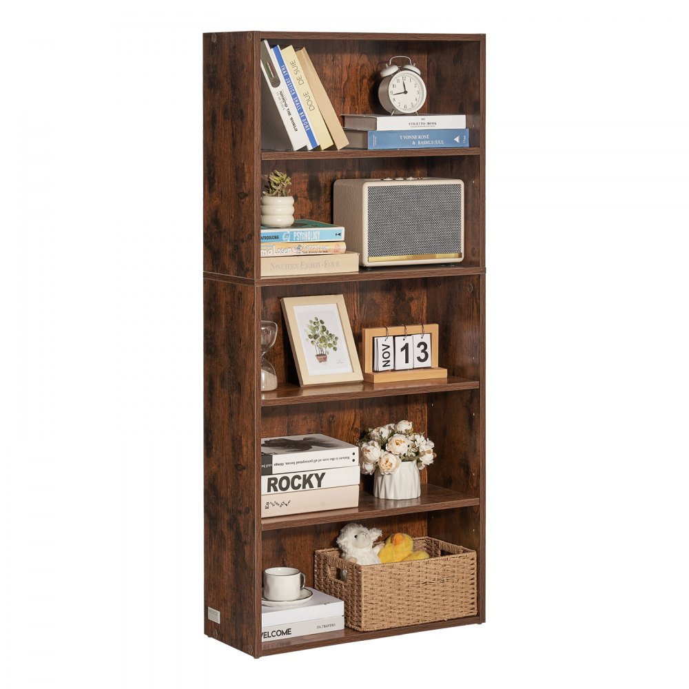 VEVOR 5 Tiers Narrow Bookshelf, 53 in Wooden Open Bookcase with Height-Adjustable Shelf, Freestanding Tall Display Storage Floor Bookcase Bookshelf for Library, Bedroom, Living Room, Office, Brown