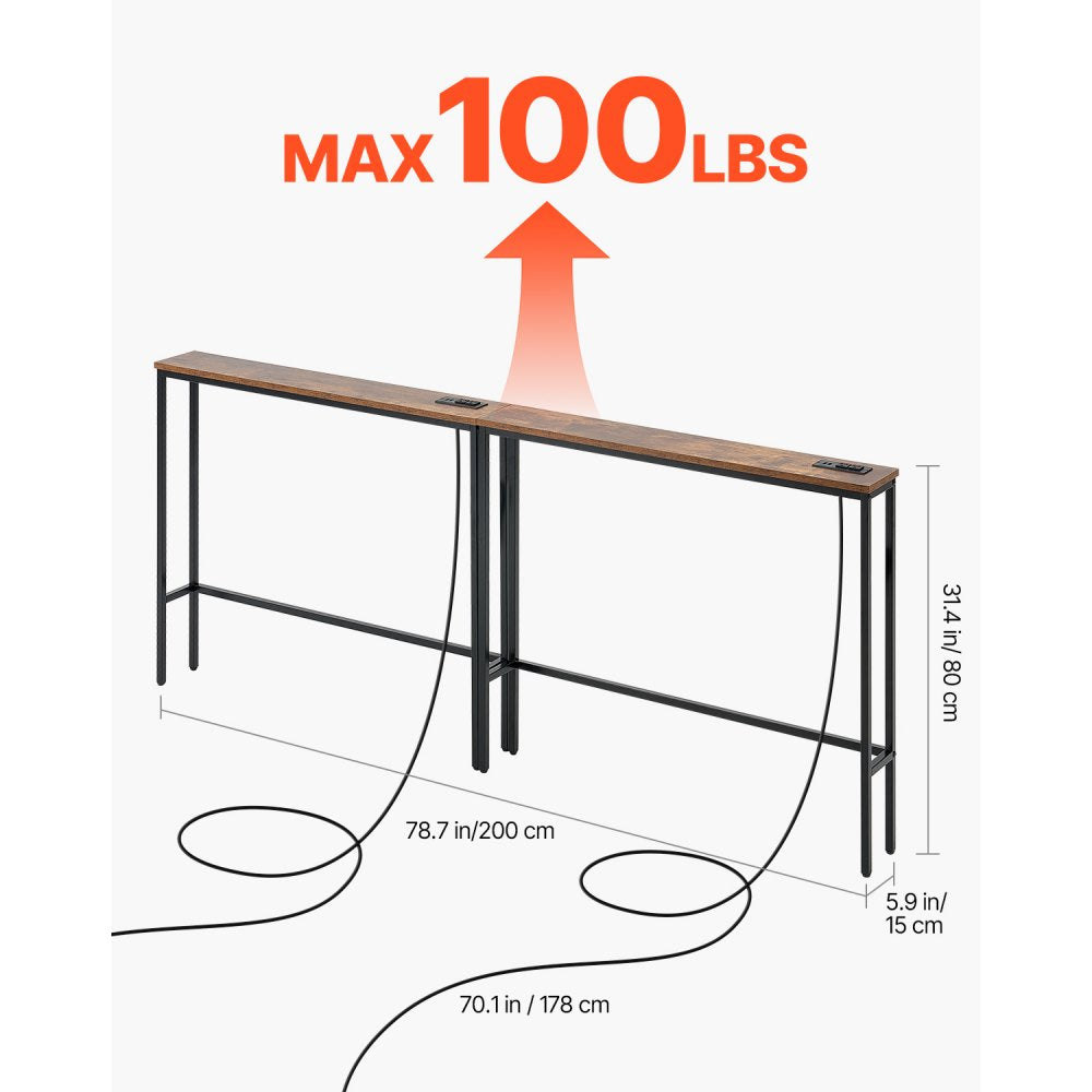 VEVOR Narrow Console Table, 2 Pack Behind Couch Table with Power Outlets, 1-Tier Long Entryway Table, Narrow Sofa Table with Metal Frame and Charge Station, for Entryway, Hallway, Living Room
