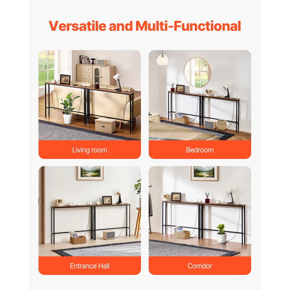 VEVOR Narrow Console Table, 2 Pack Behind Couch Table with Power Outlets, 1-Tier Long Entryway Table, Narrow Sofa Table with Metal Frame and Charge Station, for Entryway, Hallway, Living Room