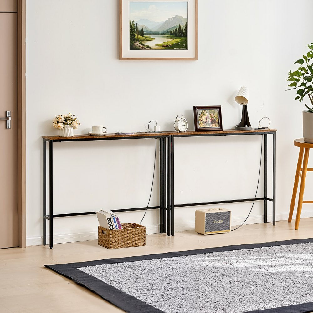 VEVOR Narrow Console Table, 2 Pack Behind Couch Table with Power Outlets, 1-Tier Long Entryway Table, Narrow Sofa Table with Metal Frame and Charge Station, for Entryway, Hallway, Living Room