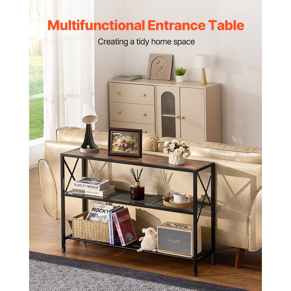 VEVOR Narrow Console Sofa Table, 41.7 inches Behind Couch Table, 3-Tier Long Entryway Table and Skinny Hallway Table, Narrow Sofa Table with Metal Frame, for Entryway, Hallway, Living Room & Bedroom