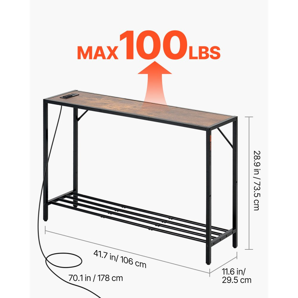 VEVOR Narrow Console Table, 41.7" Behind Couch Table with Power Outlets, 2-Tier Long Entryway Table, Sofa Table with Metal Frame and Charge Station, for Entryway, Hallway, Living Room