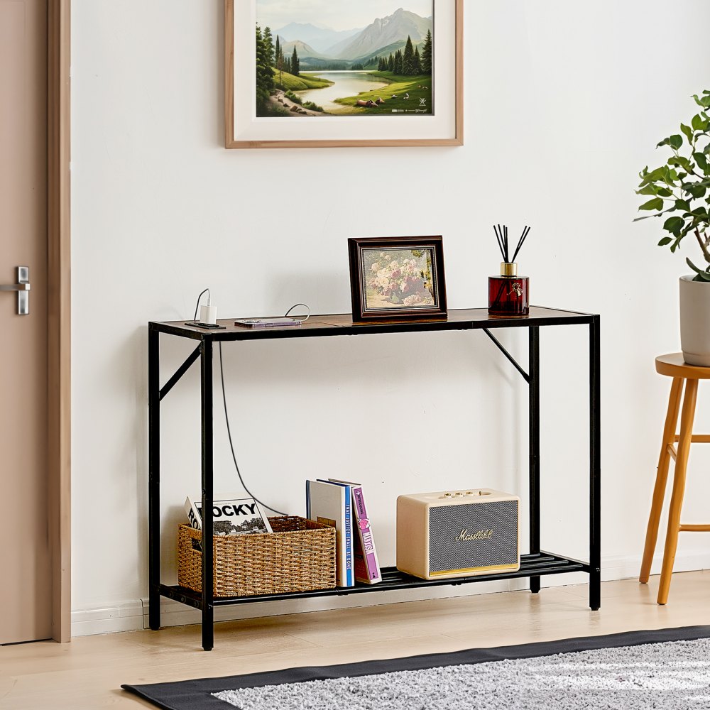 VEVOR Narrow Console Table, 41.7" Behind Couch Table with Power Outlets, 2-Tier Long Entryway Table, Sofa Table with Metal Frame and Charge Station, for Entryway, Hallway, Living Room
