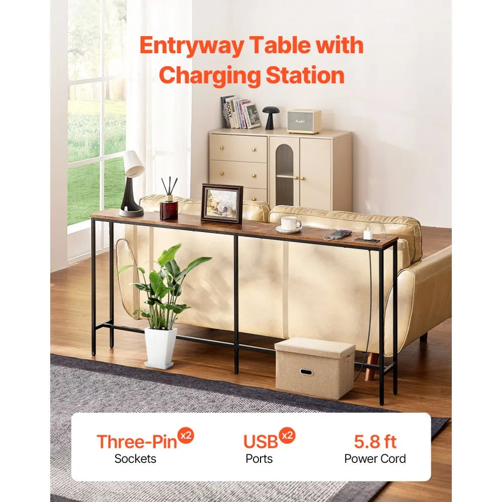 VEVOR Narrow Console Table, 70.9" Behind Couch Table with Power Outlets, 1-Tier Long Entryway Table, Narrow Sofa Table with Metal Frame and Charge Station, for Entryway, Hallway, Living Room