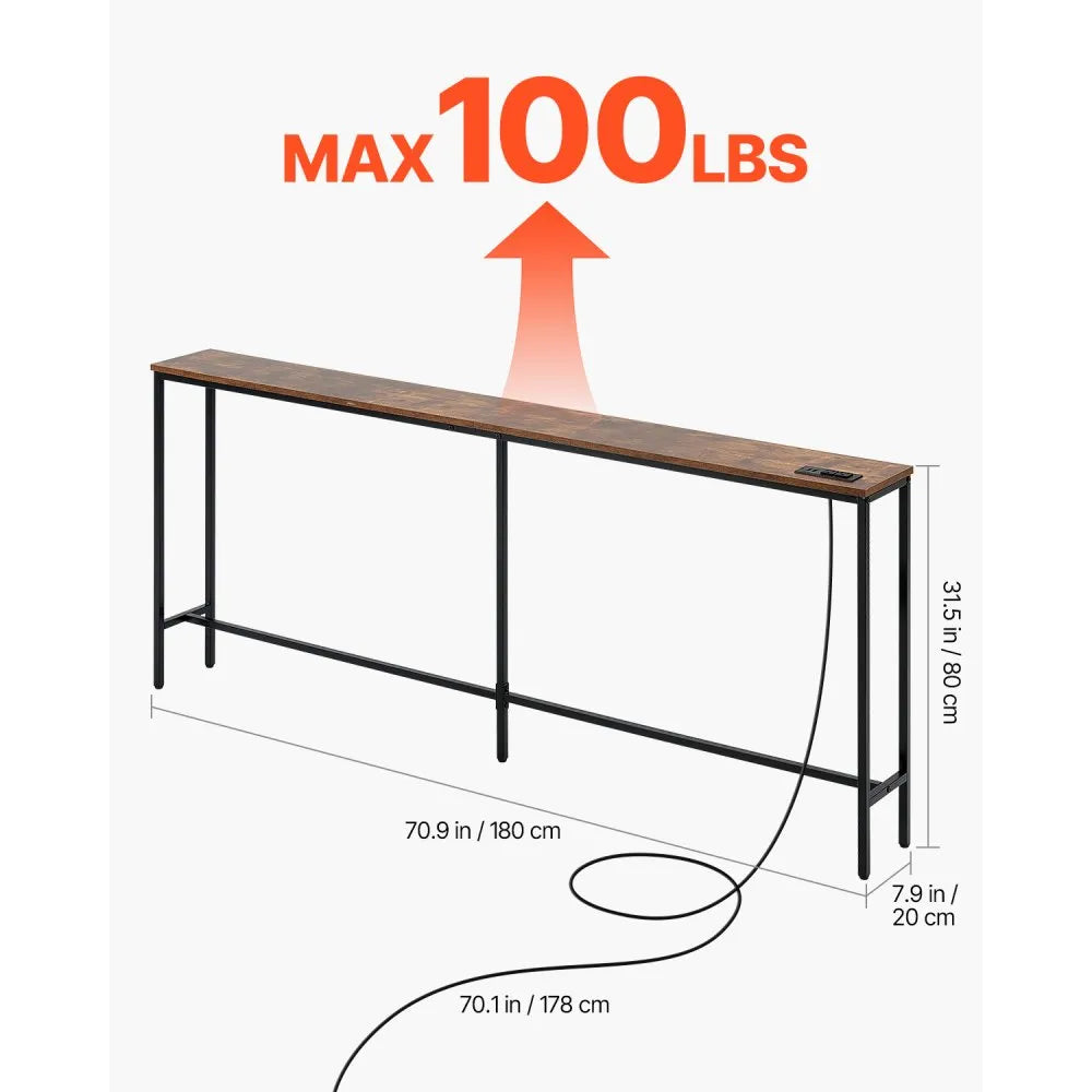 VEVOR Narrow Console Table, 70.9" Behind Couch Table with Power Outlets, 1-Tier Long Entryway Table, Narrow Sofa Table with Metal Frame and Charge Station, for Entryway, Hallway, Living Room