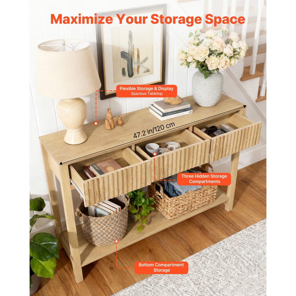 VEVOR 47 in Console Table, Farmhouse Desk Behind the Couch with Drawers and Bottom Storage Shelf, Wooden Rectangle Entrance Narrow Sofa Table for Hallway, Bedroom, Living Room, Foyer, Burlywood