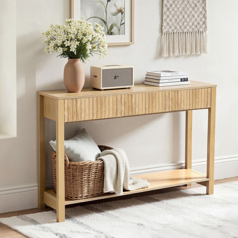 VEVOR 47 in Console Table, Farmhouse Desk Behind the Couch with Drawers and Bottom Storage Shelf, Wooden Rectangle Entrance Narrow Sofa Table for Hallway, Bedroom, Living Room, Foyer, Burlywood