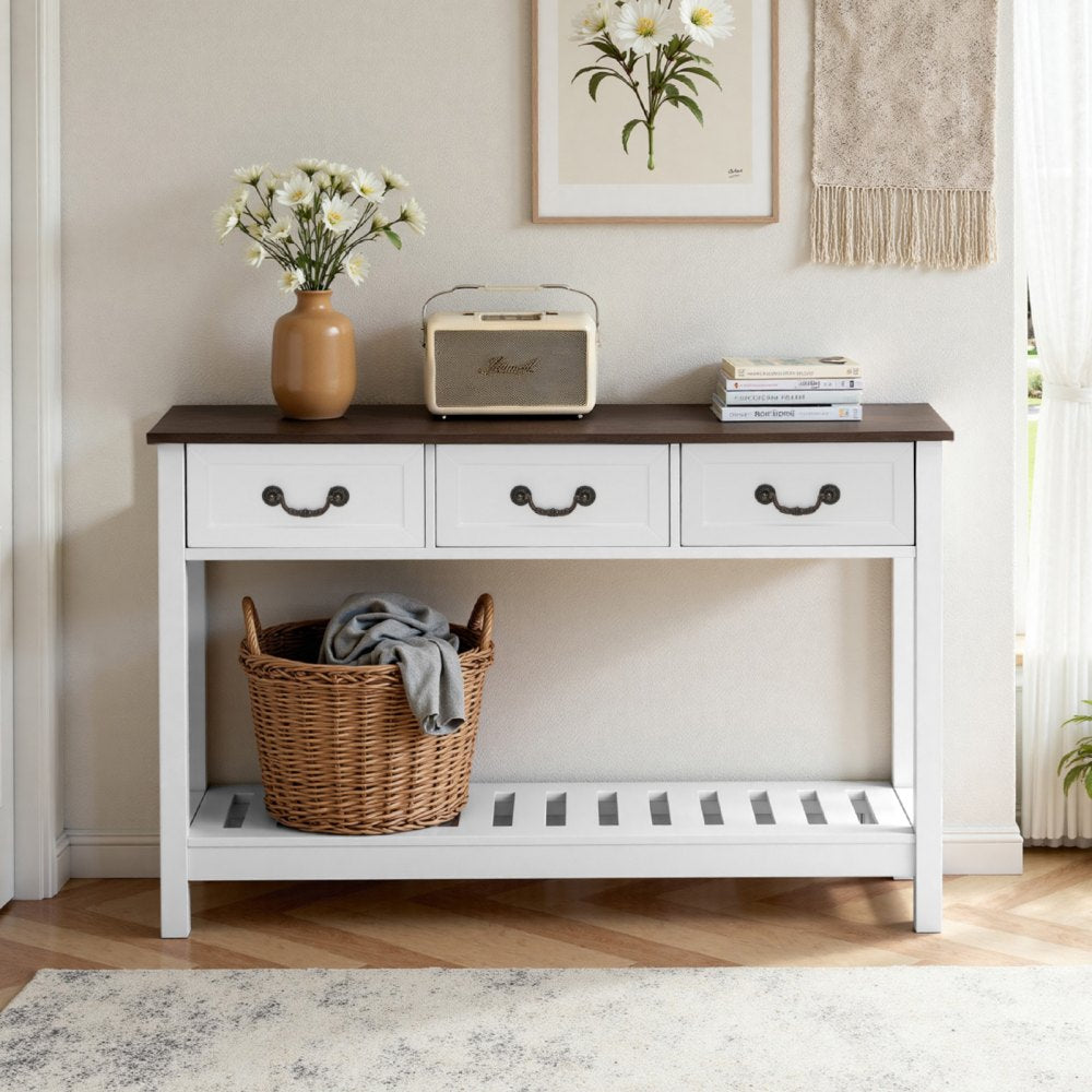 VEVOR 47 in Console Table, Farmhouse Desk Behind the Couch with Drawers and Bottom Storage Shelf, Wooden Rectangle Entrance Narrow Sofa Table for Hallway, Bedroom, Living Room, Foyer, Brown + White
