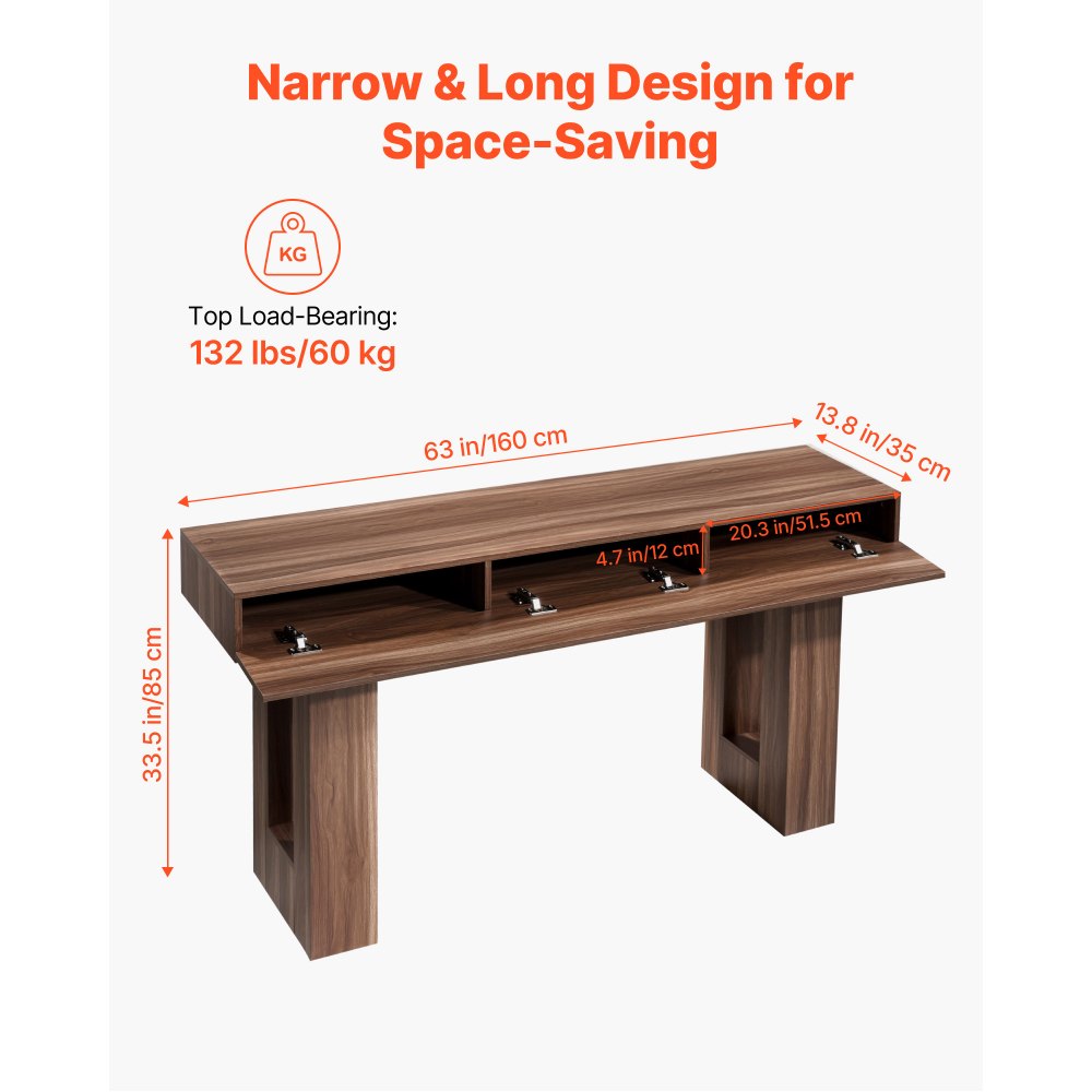 VEVOR 63 in Console Table, Farmhouse Desk Behind the Couch, Wooden Rectangle Entrance Desk, Narrow Long Sofa Table Accent Stand for Hallway, Bedroom, Living Room, Foyer, Easy Assembly, Brown