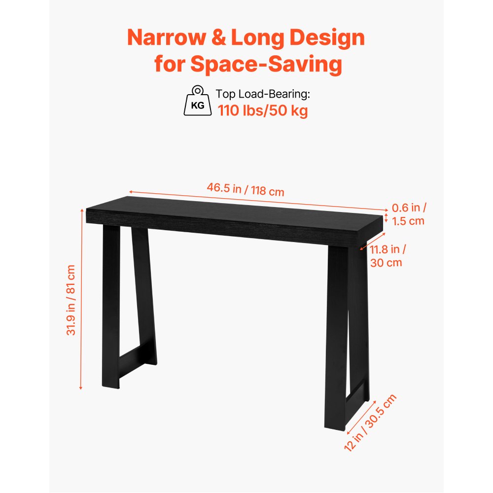 VEVOR 46 in Console Table, Modern Desk Behind the Couch, Wooden Rectangle Entrance Desk, Narrow Long Sofa Table Accent Stand for Hallway, Bedroom, Living Room, Foyer, Easy Assembly, Black