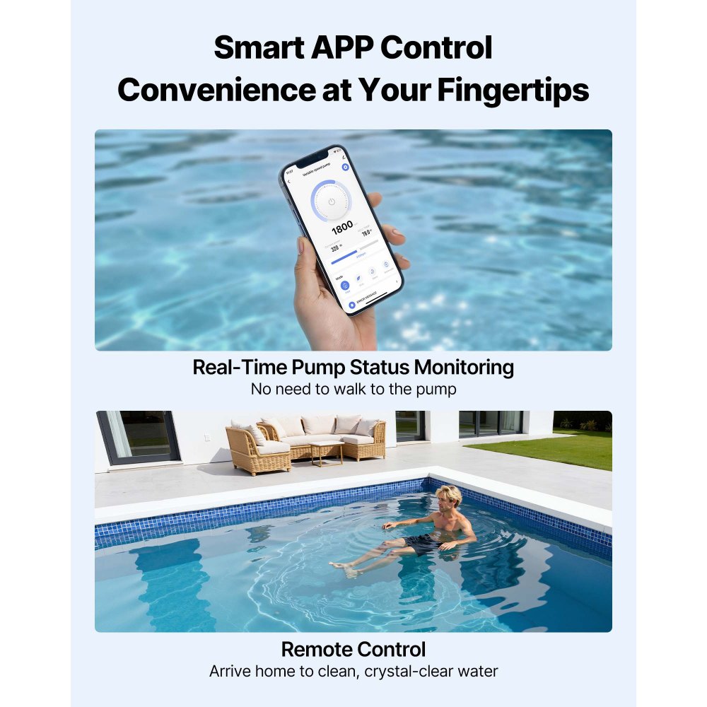 VEVOR Variable Speed Pool Pump, 1.5 HP, AC 220-240V, 132 GPM, In/Above Swimming Pool Pump with Filter Basket, Powerful Self Priming, Programmable Timer, for Inground and Above Ground Swimming Pool