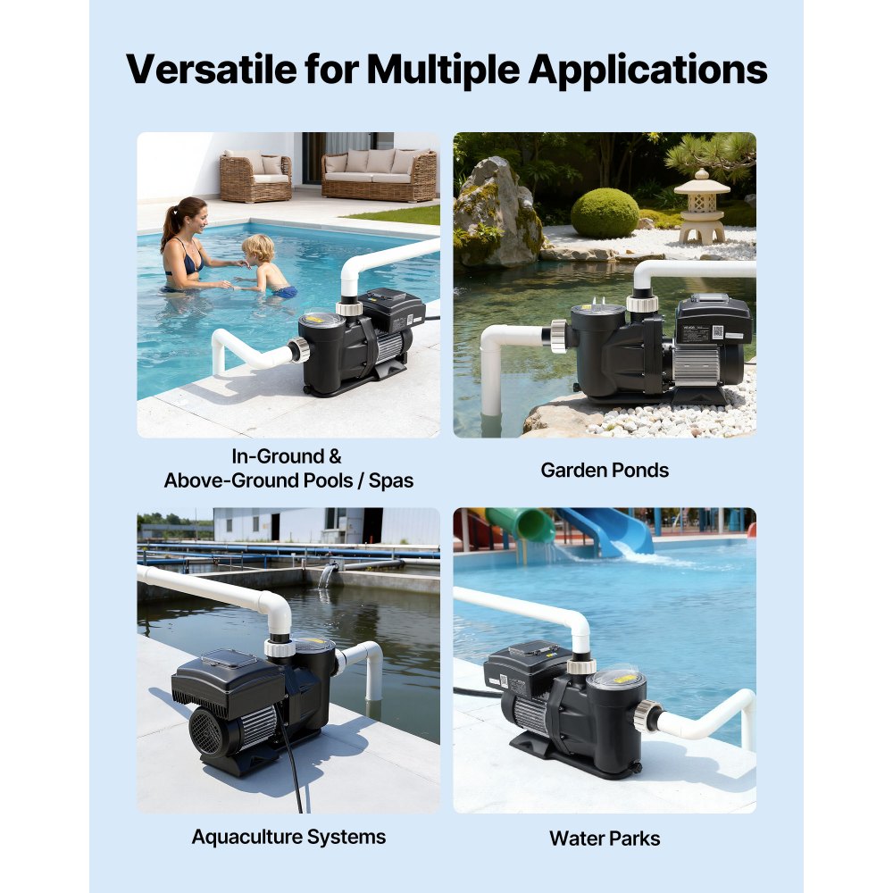 VEVOR Variable Speed Pool Pump, 3 HP, AC 220-240V, 190 GPM, In/Above Swimming Pool Pump with Filter Basket, Powerful Self Priming, Programmable Timer, for Inground and Above Ground Swimming Pool