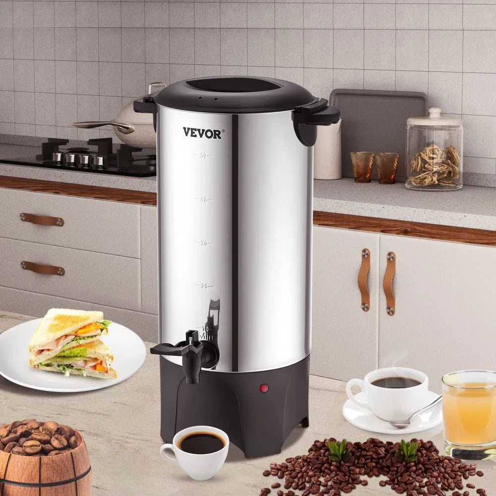 VEVOR Commercial Coffee Urn, 50 Cups Stainless Steel Large Coffee Dispenser, 1000W 110V Electric Coffee Maker Urn For Quick Brewing, Hot Water Urn with Detachable Power Cord for Easy Cleaning, Silver