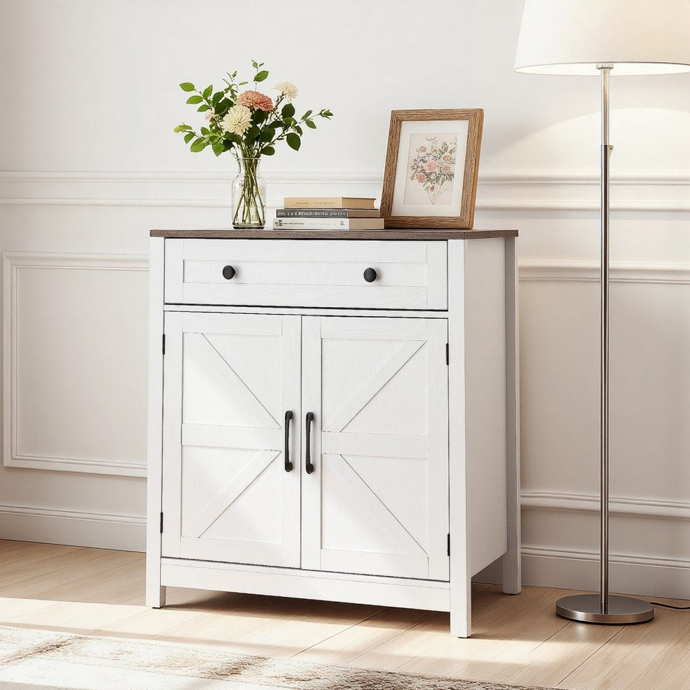 VEVOR Coffee Bar Cabinet, Farmhouse Coffee Bar Table with Drawer, Buffet Stand Cabinet with 2 Barn Door, Sideboard Buffet Station for Living Room, Entryway, Kitchen, 29.5 x 14.7 x 31.5 in, White