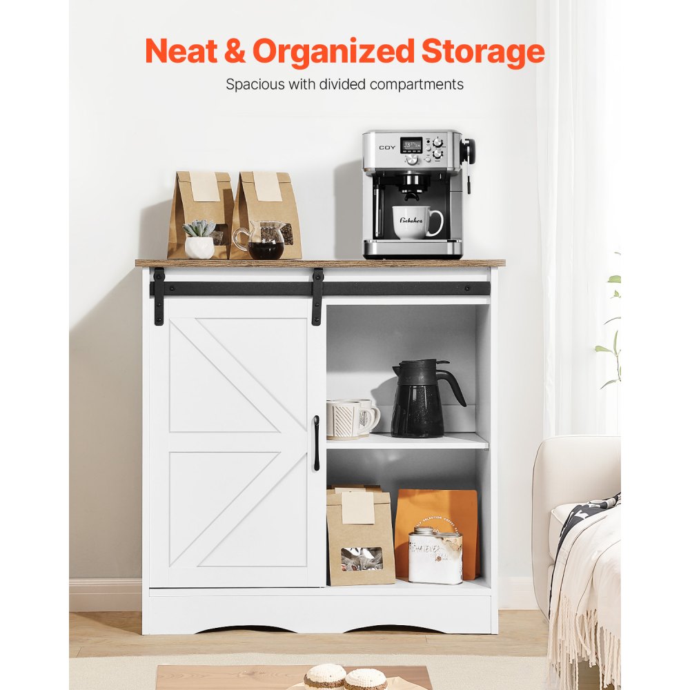 VEVOR Coffee Bar Cabinet, 31.5 x 13.8 x 31.5 in Farmhouse Coffee Bar Cabinet with 3-Tier Storage, Coffee Bar Table with Barn Door, Farmhouse Sideboard Buffet Cabinet for Living Room, Entryway