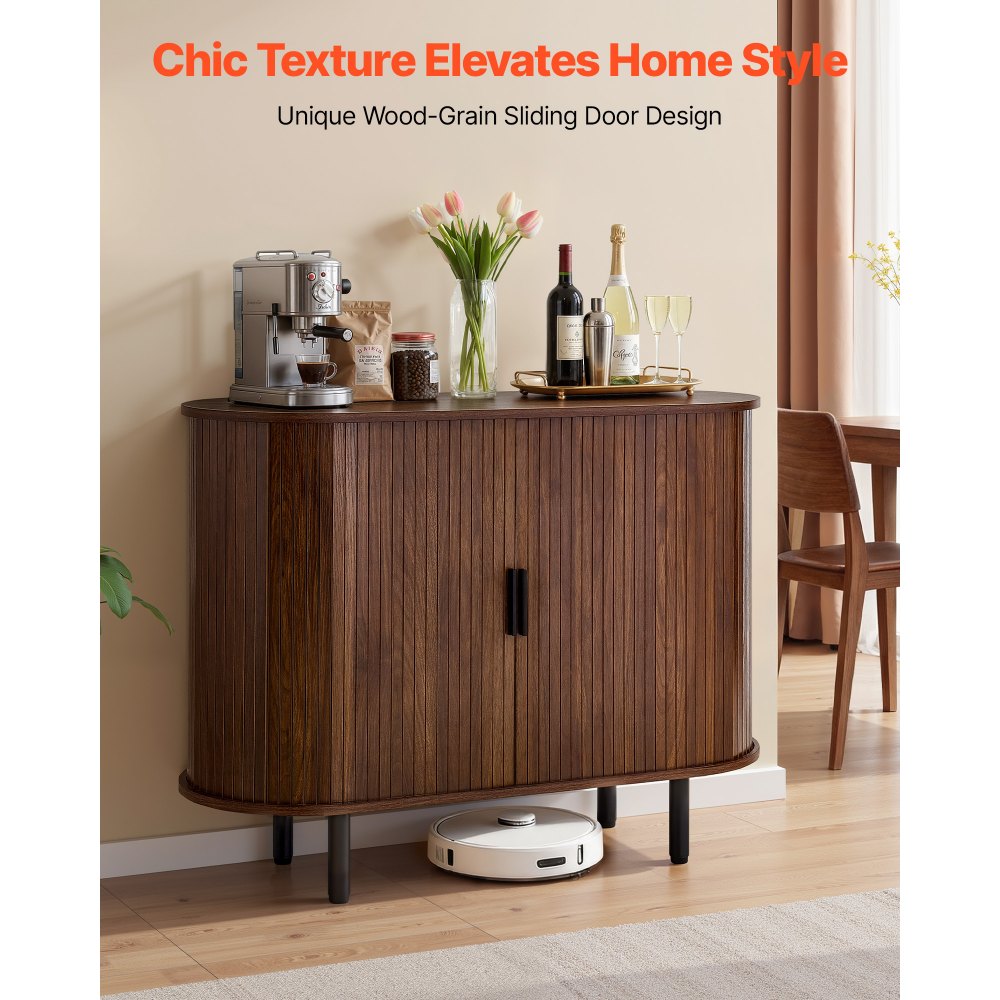 VEVOR Coffee Bar Cabinet, Mid Century Fluted Coffee Bar Table, Buffet Stand Cabinet with 2 Sliding Doors, Sideboard Buffet Station for Living Room, Entryway, Kitchen, 39.3 x 15.7 x 29.5 in, Walnut