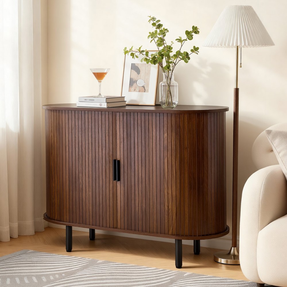 VEVOR Coffee Bar Cabinet, Mid Century Fluted Coffee Bar Table, Buffet Stand Cabinet with 2 Sliding Doors, Sideboard Buffet Station for Living Room, Entryway, Kitchen, 39.3 x 15.7 x 29.5 in, Walnut
