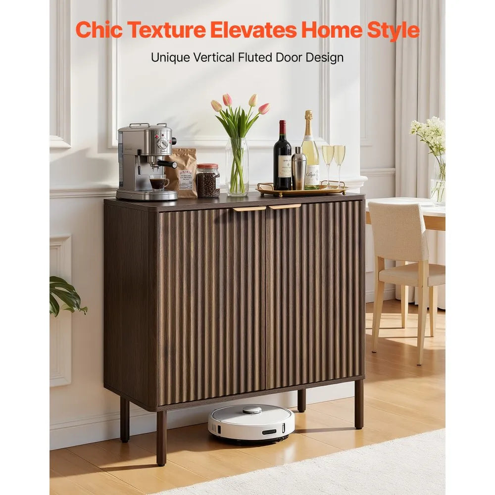 VEVOR Coffee Bar Cabinet, Mid Century Fluted Coffee Bar Table with 2-Tier Storage, Buffet Stand Cabinet with Barn Door, Sideboard Buffet Station for Living Room, Entryway, 31.5 x 14.7 x 31.5 in Walnut