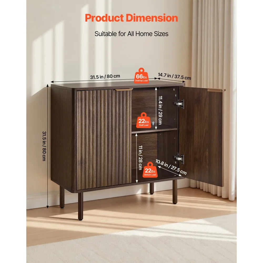 VEVOR Coffee Bar Cabinet, Mid Century Fluted Coffee Bar Table with 2-Tier Storage, Buffet Stand Cabinet with Barn Door, Sideboard Buffet Station for Living Room, Entryway, 31.5 x 14.7 x 31.5 in Walnut