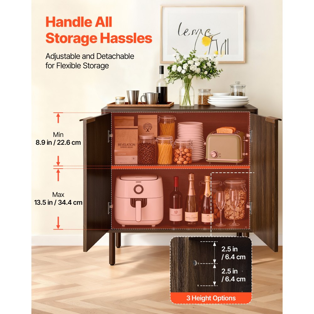 VEVOR Coffee Bar Cabinet, Mid Century Fluted Coffee Bar Table with 2-Tier Storage, Buffet Stand Cabinet with Barn Door, Sideboard Buffet Station for Living Room, Entryway, 31.5 x 14.7 x 31.5 in Walnut