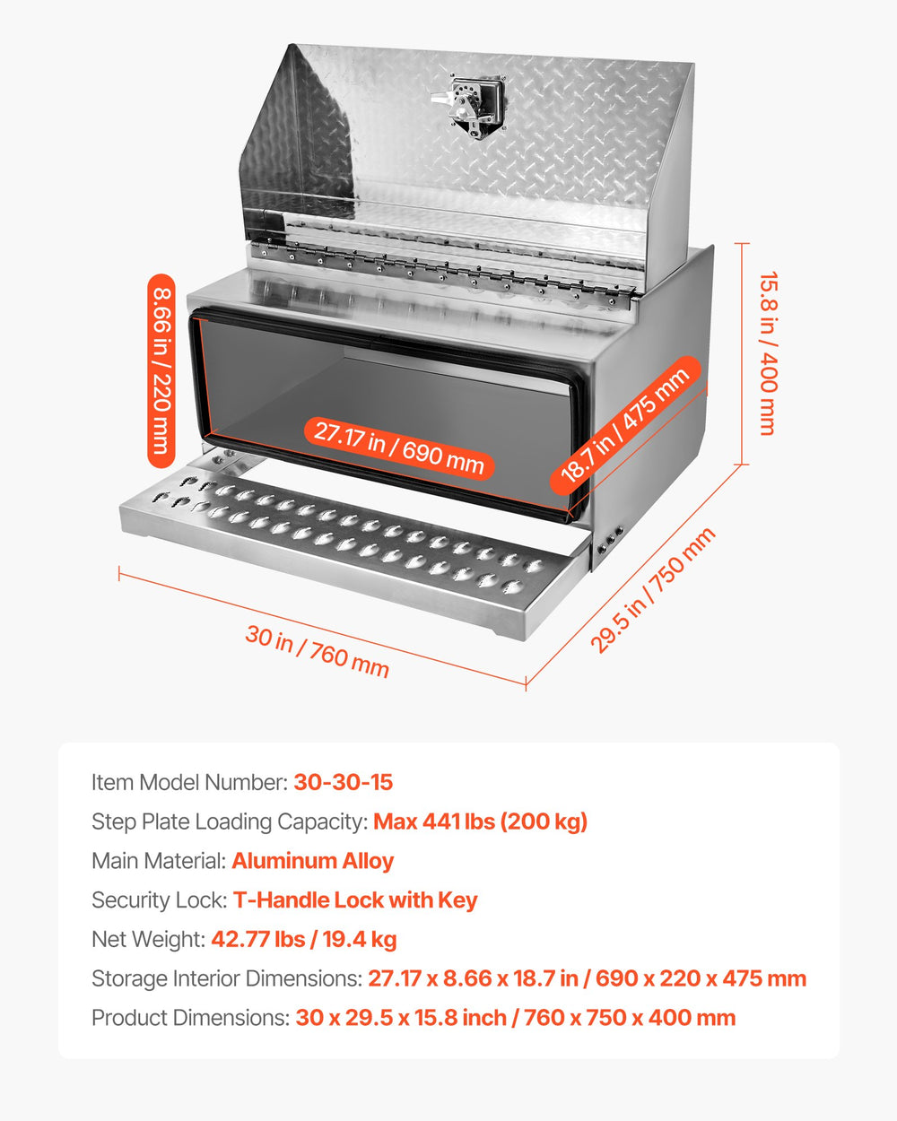 VEVOR semi-truck step tool box - product size and interior dimensions diagram