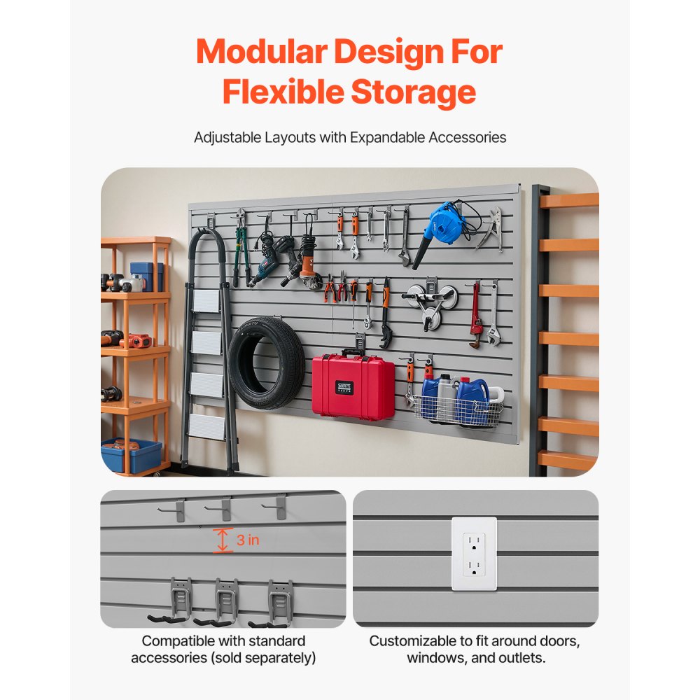 VEVOR Slat Wall Paneling, 8 x 4 ft, PVC Garage Slatwall with Accessories, Grey Slat Wall Easy-to-Install Adjustable Slatwall Panel with Coupling Structure & DIY Cutting, Fits for Storage & Display