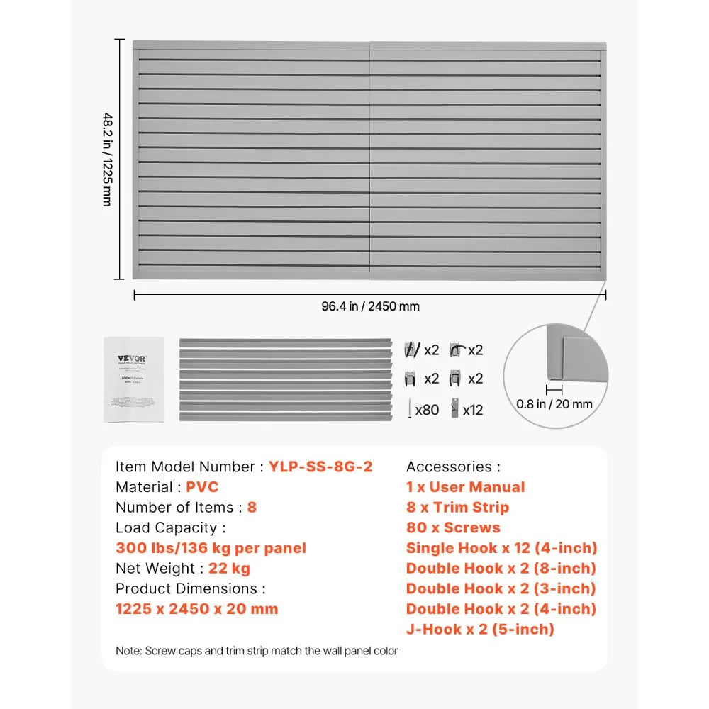 VEVOR Slat Wall Paneling, 8 x 4 ft, PVC Garage Slatwall with Accessories, Grey Slat Wall Easy-to-Install Adjustable Slatwall Panel with Coupling Structure & DIY Cutting, Fits for Storage & Display