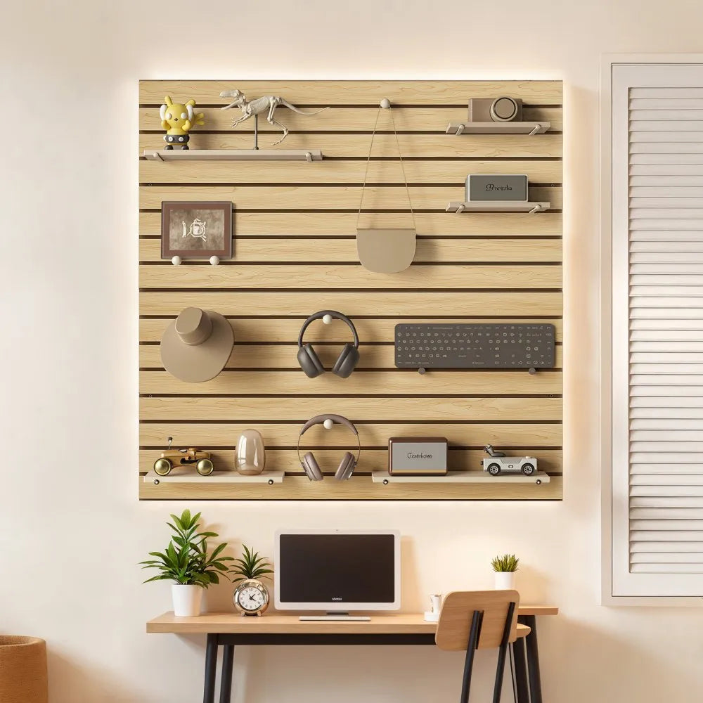 VEVOR Slat Wall Paneling, 4 x 4ft, MDF Garage Slatwall with Modular Design, Natural Slat Wall Easy-to-Install Adjustable Slatwall Panel with Coupling Structure & DIY Cutting, Fit for Storage & Display